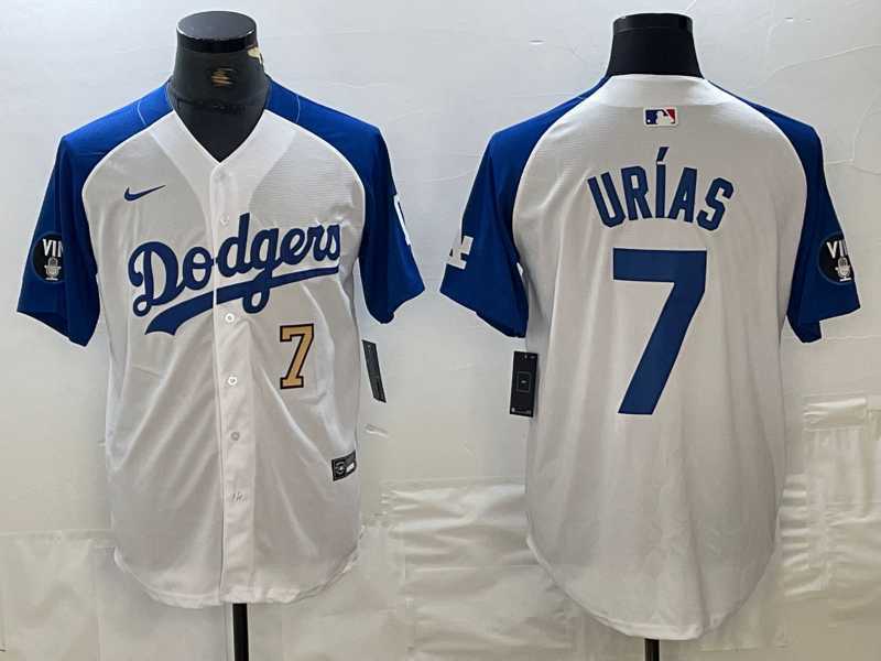Mens Los Angeles Dodgers #7 Julio Urias Number White Blue Fashion Stitched Cool Base Limited Jersey,We sell and wholesale Mens Los Angeles Dodgers #7 Julio Urias Number White Blue Fashion Stitched Cool Base Limited Jersey on line form chian!